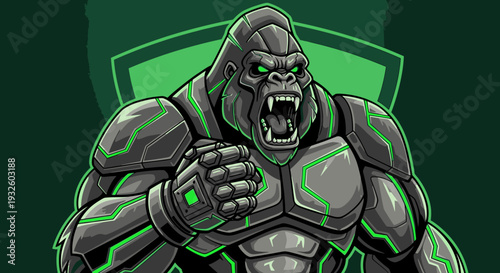 Powerful armored gorilla mascot with glowing green accents and aggressive stance.