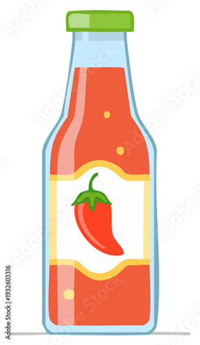 Vector bottle of spicy red sauce with chili pepper icon on label and green cap