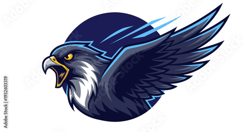 A dynamic and fierce cartoon illustration of a dark blue falcon or hawk with spread wings and open beak, set against a circular background with speed lines.
