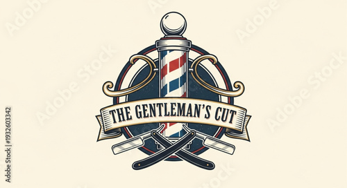 Classic Barber Shop Logo Featuring Traditional Tools and Design Elements.