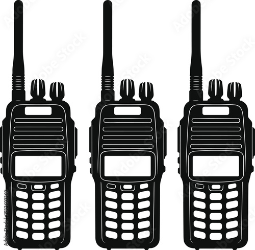 Black silhouette illustration of three handheld two-way radios with antennas, professional communication devices for security, emergency services, outdoor activities, and technology design projects