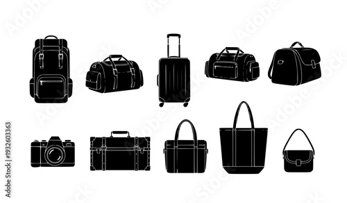 Travel bags silhouette vector set – backpacks, suitcases, and luggage icons