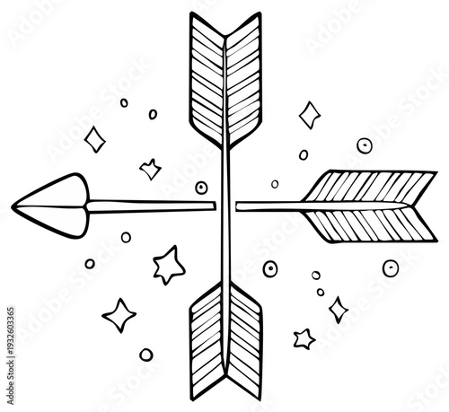 Four Fletched Arrows Crossing Each Other Surrounded by Stars and Circles