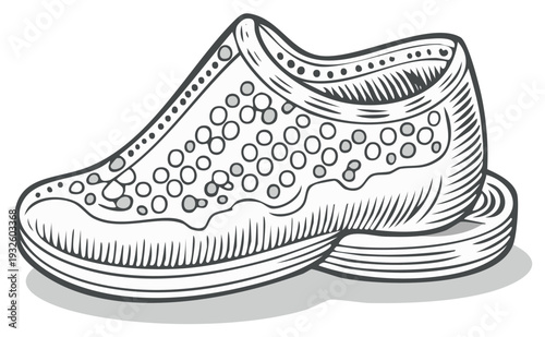 Woodcut Style Illustration of a Single Clog Shoe with Perforations and a Stacked Sole