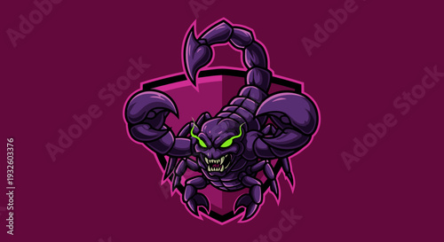 A fierce purple scorpion with glowing green eyes, depicted as an aggressive mascot or logo, set against a dark shield on a magenta background.