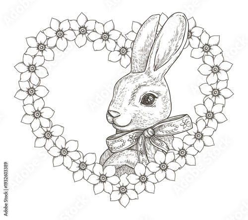 Easter bunny inside heart with flowers in cute vintage sketch style. Black and white vector outline art for holiday concept. Perfect for spring greeting card. Ideal for sticker or nursery decor.