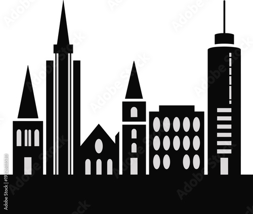 Modern city skyline silhouette vector illustration, black urban buildings and skyscrapers isolated on light background, minimalist downtown architecture design concept
