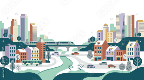 Modern winter cityscape with buildings, river, and various transport