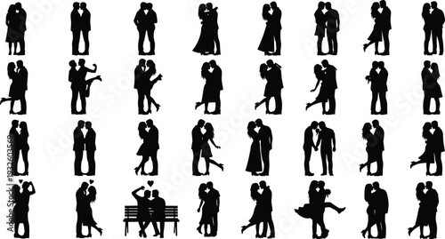 Black silhouette romantic couples set showing kissing hugging lovers in different poses, love relationship concept, isolated man and woman figures illustration collection design