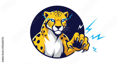 Dynamic illustration of a powerful cheetah with glowing blue eyes and lightning bolts, showcasing speed, energy, and fierce determination.