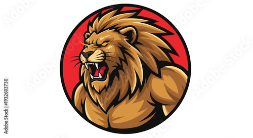 A powerful, roaring lion's head and muscular body in a red circular emblem, showcasing its fierce expression.
