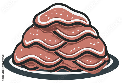Stacked Meat Slices on Plate a Culinary Illustration, Red Hues, Thick Waves, and Detailed Lines in an Artistic Food Presentation