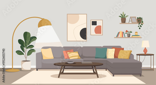 Modern cozy living room interior illustration with sectional sofa, coffee table and decorative plants, stylish home decor design in warm neutral colors for apartment
