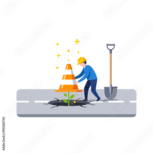 Flat Vector Illustration of Creative Pothole Road Repair Concept
