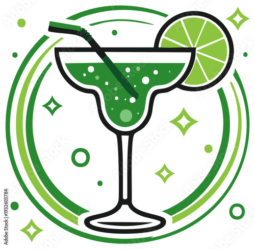 Stylized Green Margarita Illustration with Lime Garnish and Decorative Elements