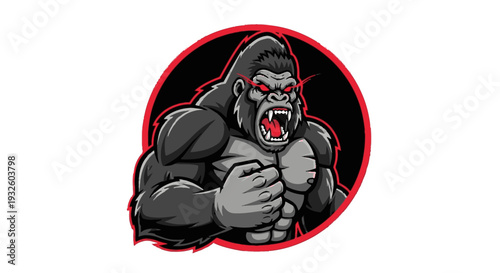 Aggressive muscular gorilla mascot with glowing red eyes and open mouth in a circular emblem.