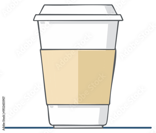 Vector illustration of a disposable coffee cup with lid and protective sleeve line art design