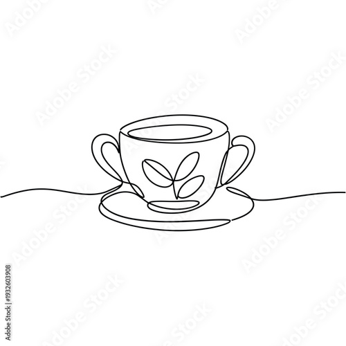 Minimalist line drawing of a teacup and saucer with floral design
