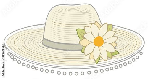 Illustrated wide-brimmed straw sun hat with a daisy flower and pom-pom trim
