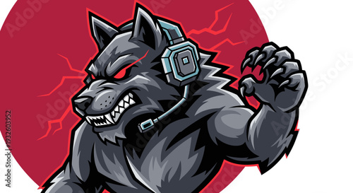 A fierce grey wolf mascot with glowing red eyes and a gaming headset, against a red circle background, ready for eSports.
