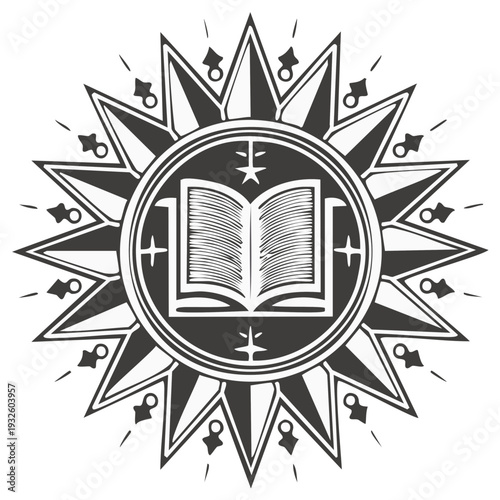 Open book inside circular emblem with star rays symbolizes education and knowledge sharing in vintage monochrome design