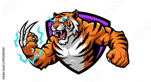 Aggressive tiger mascot with glowing blue eyes and lightning claws, depicted in a powerful stance against a purple shield, suitable for esports or sports branding.