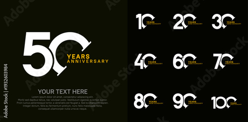 Anniversary logo set vector design, white and yellow color for celebration event