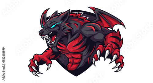 Fierce red and black winged wolf mascot with glowing blue eyes and sharp claws, perfect for esports or gaming teams.