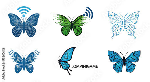 Creative butterfly logo designs featuring technological and natural elements