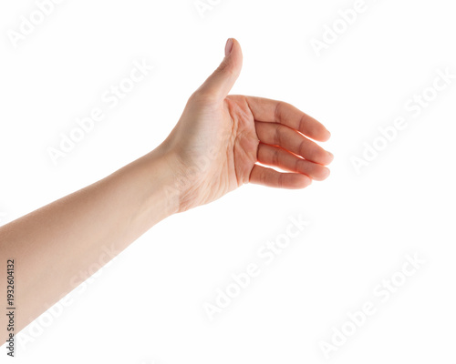 Wallpaper Mural Young woman hand to hold something isolated on white background Torontodigital.ca