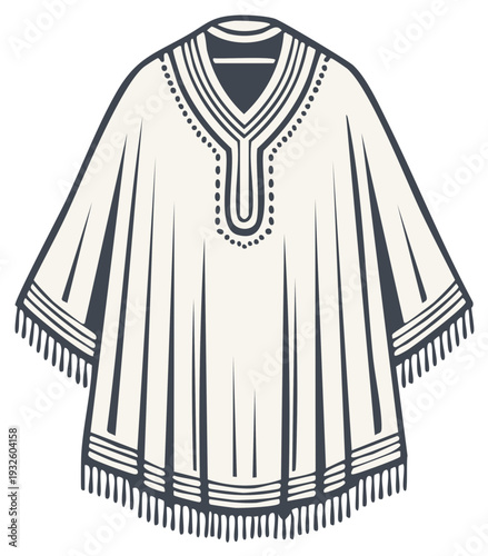 Traditional White Poncho with Fringes and Embellished Neckline