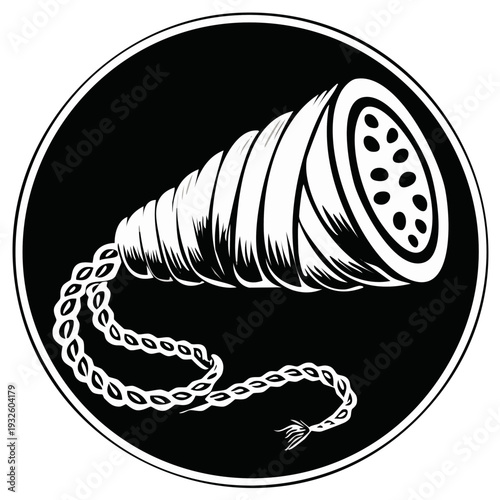 Stylized illustration of a traditional prayer bead or rosary in a circular frame