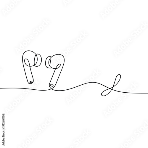 Minimalist line drawing of wireless earbuds and a connecting abstract swirl