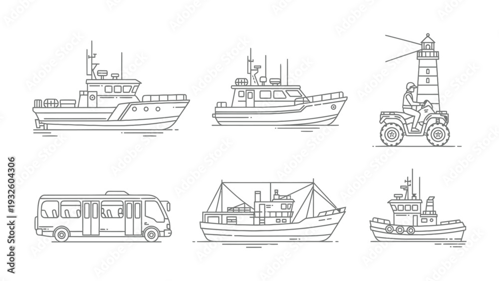 Fototapeta premium Marine Transport Elements: A detailed illustration showcasing diverse marine and land transport elements, from fishing vessel and lighthouse to a city bus and a marine service vehicle.
