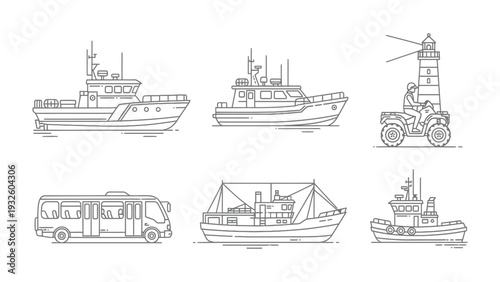 Marine Transport Elements: A detailed illustration showcasing diverse marine and land transport elements, from fishing vessel and lighthouse to a city bus and a marine service vehicle.
