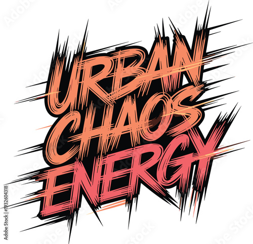 Urban chaos energy text design with explosive sharp brush strokes and warm sunset orange gradient colors