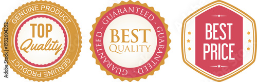 Three gold and red quality guarantee badges on white background