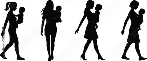WebMother and baby silhouettes walking together isolated on white background, loving parent holding child, family care and motherhood concept illustration