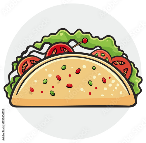 Cartoon illustration of a tasty taco with tomatoes, lettuce, and a toothpick