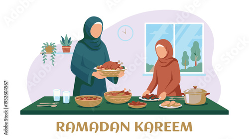 Muslim women preparing traditional Iftar meal for Ramadan celebration
