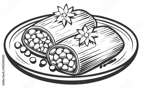 Delicious rolled food items with decorative edible flowers served on a plate with peas