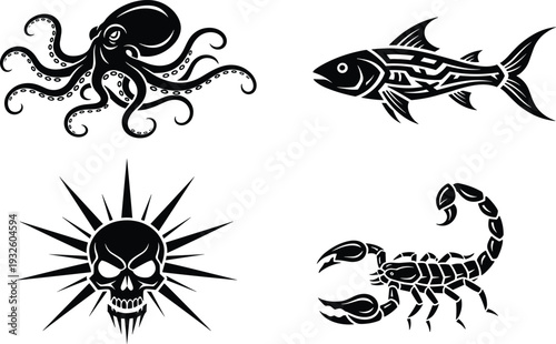 Black Tribal Vector Silhouette Set Featuring a Detailed Octopus, Stylized Fish, Gothic Sun Skull, and Desert Scorpion Icons for Tattoo Art and Graphic Design