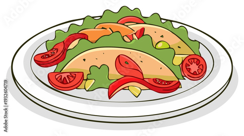 Delicious tacos with fresh tomatoes and lettuce on a plate in a bright vector illustration