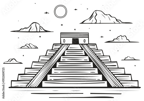 Ancient Pyramid Illustration Majestic Clouds and Moon Black and White Line Art Historical Monument Architectural Structure
