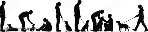 Black Silhouettes of People Training and Walking Dogs Set on White Background Featuring Puppy Socialization Obedience Lessons Canine Care and Domestic Animal Friendship Vector