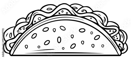 Black and white illustration of a classic taco with fillings and a folded tortilla shell