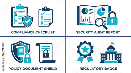 Regulatory Compliance Icons Set with Checklist, Security Audit, Policy Shield and and Badge