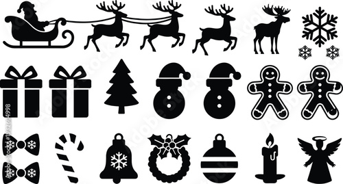 Christmas Silhouette Collection Featuring Santa Sleigh Reindeer Gingerbread Man Snowman Ornaments Bells Candy Cane and Holiday Decorative Elements for Festive Winter Vector Graphic Design
