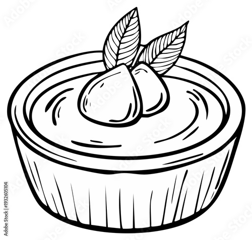 Illustration of a bowl of dip with cheese and basil leaves