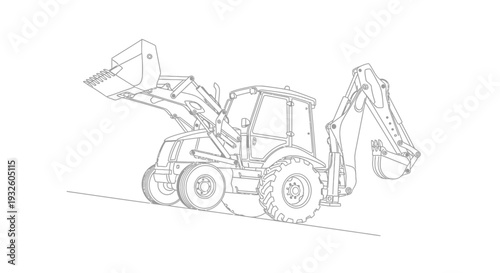 Detailed line drawing of a heavy construction backhoe loader machine.